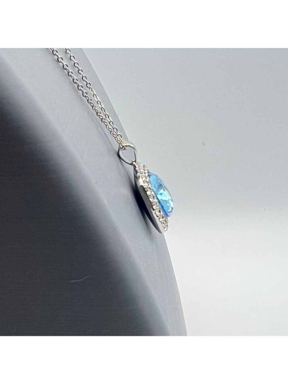 Sterling Silver Pendant Necklace 925 Sky Blue Cushion Halo CZ 18" 7.06g - Picture 8 of 9